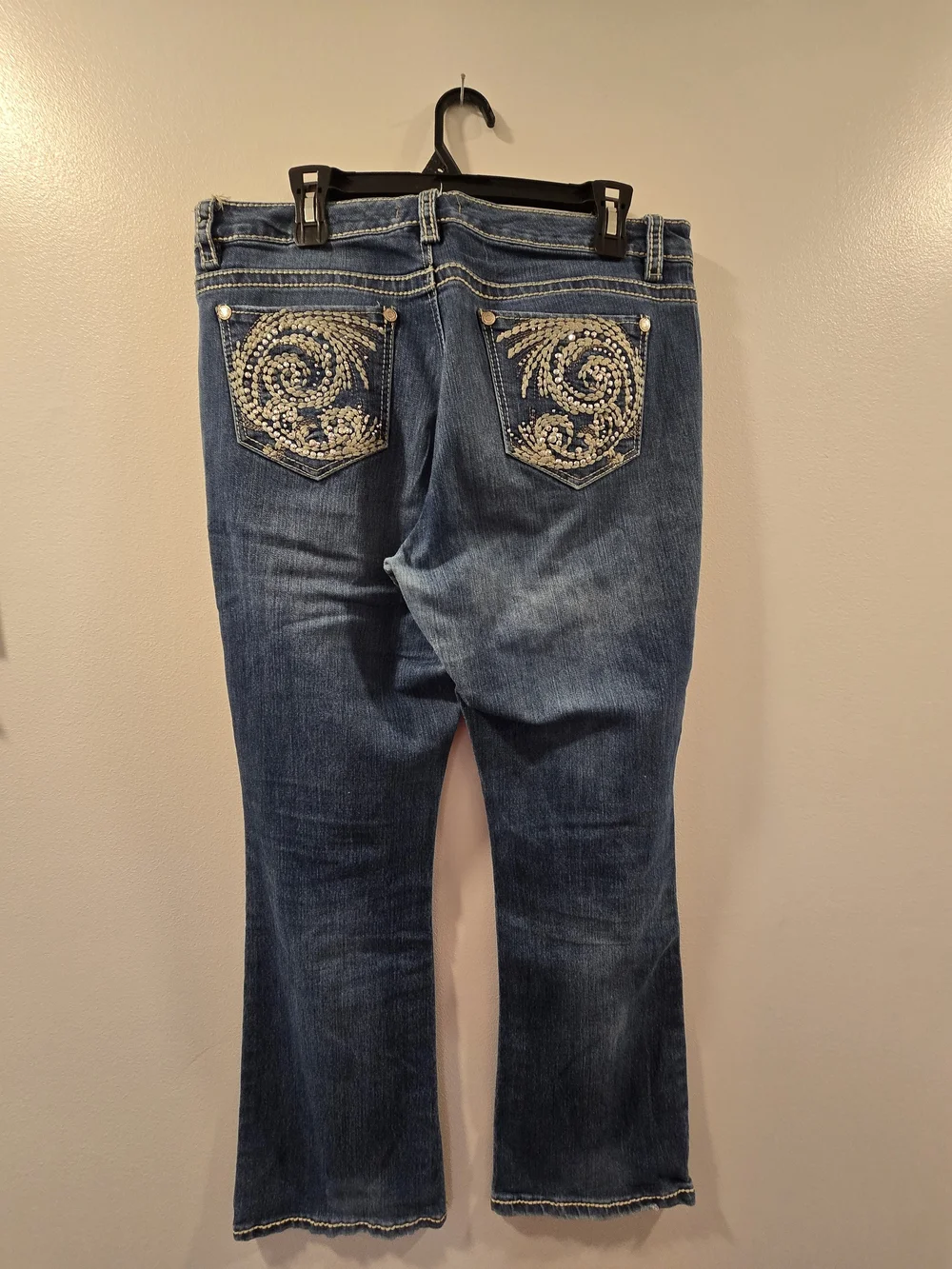 Vintage America Dark Blue Bootcut Jeans with Rhinestone Swirl Pockets